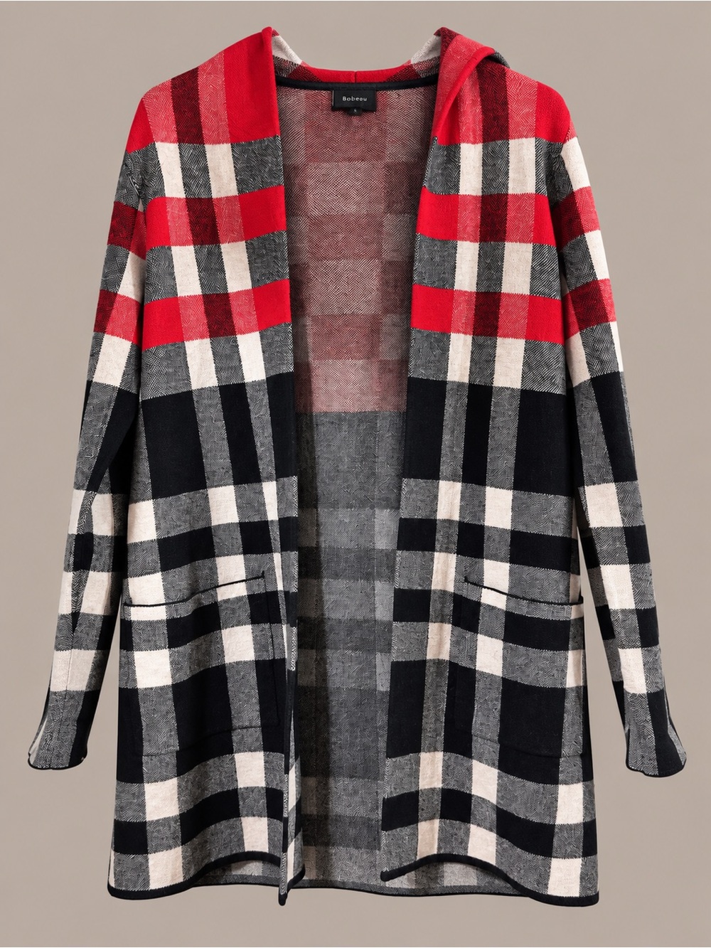 Tahari Red Black Cream Plaid Hooded Open-Front Cardigan
